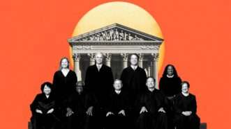 The justices are seen in front of the U.S. Supreme Court | Illustration: Eddie Marshall | Fred Schilling, Collection of the Supreme Court of the United States | Midjourney